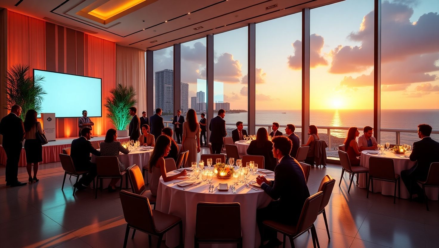 Elegant corporate event setup in Miami with candlelit tables, warm amber lighting, and a speaker on stage