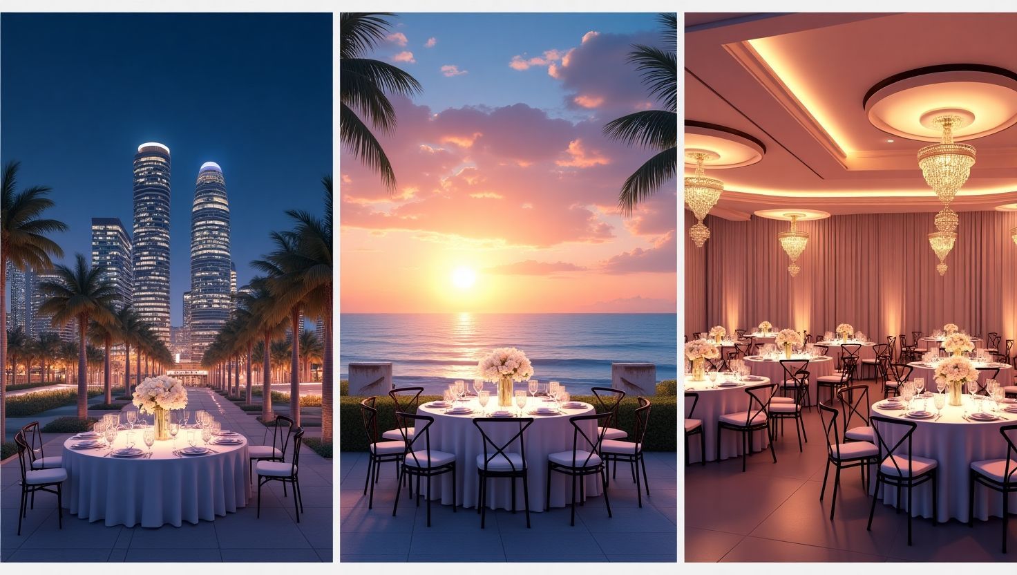 Elegant Miami event venues showcasing beachfront, downtown, and ballroom setups, styled with round tables, floral centerpieces, and ambient lighting.