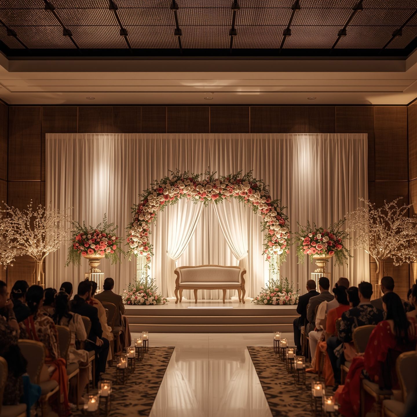 Elegant multicultural wedding ceremony setup with floral arch, soft lighting, and guests seated in a decorated indoor venue.