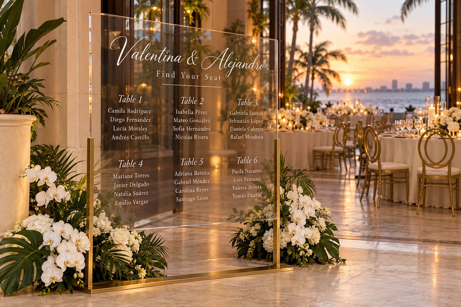 Custom acrylic seating chart at a luxury Miami waterfront wedding.