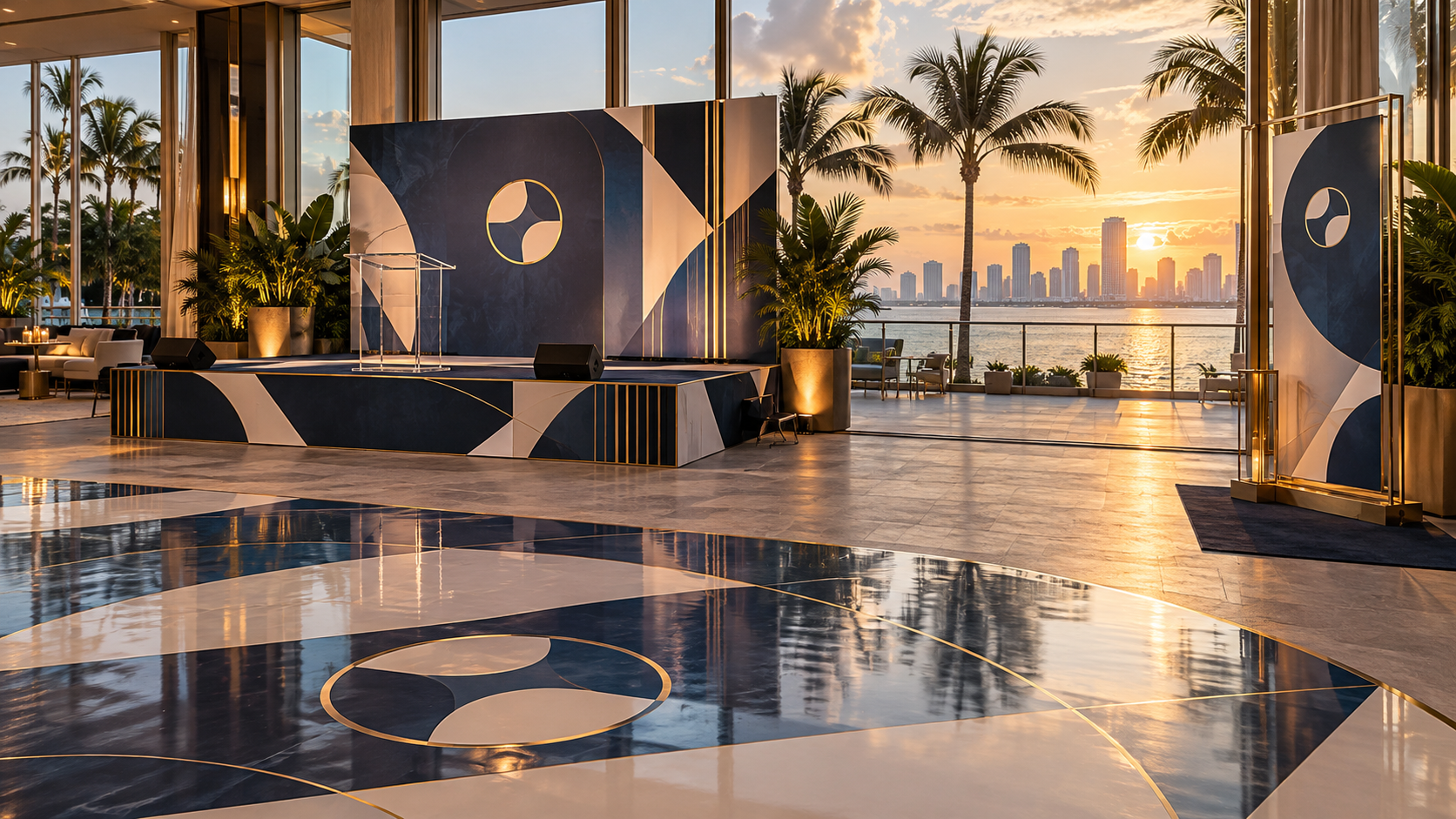 Miami waterfront corporate event setup with coordinated stage wraps, a custom dance floor, and branded displays.