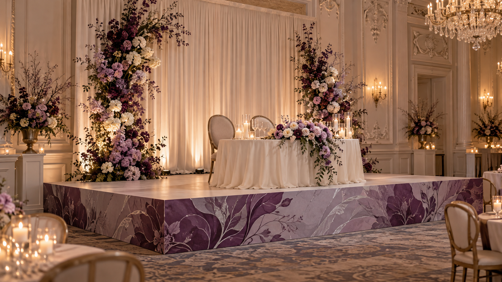 Custom lavender floral stage wrap at an elegant wedding reception.