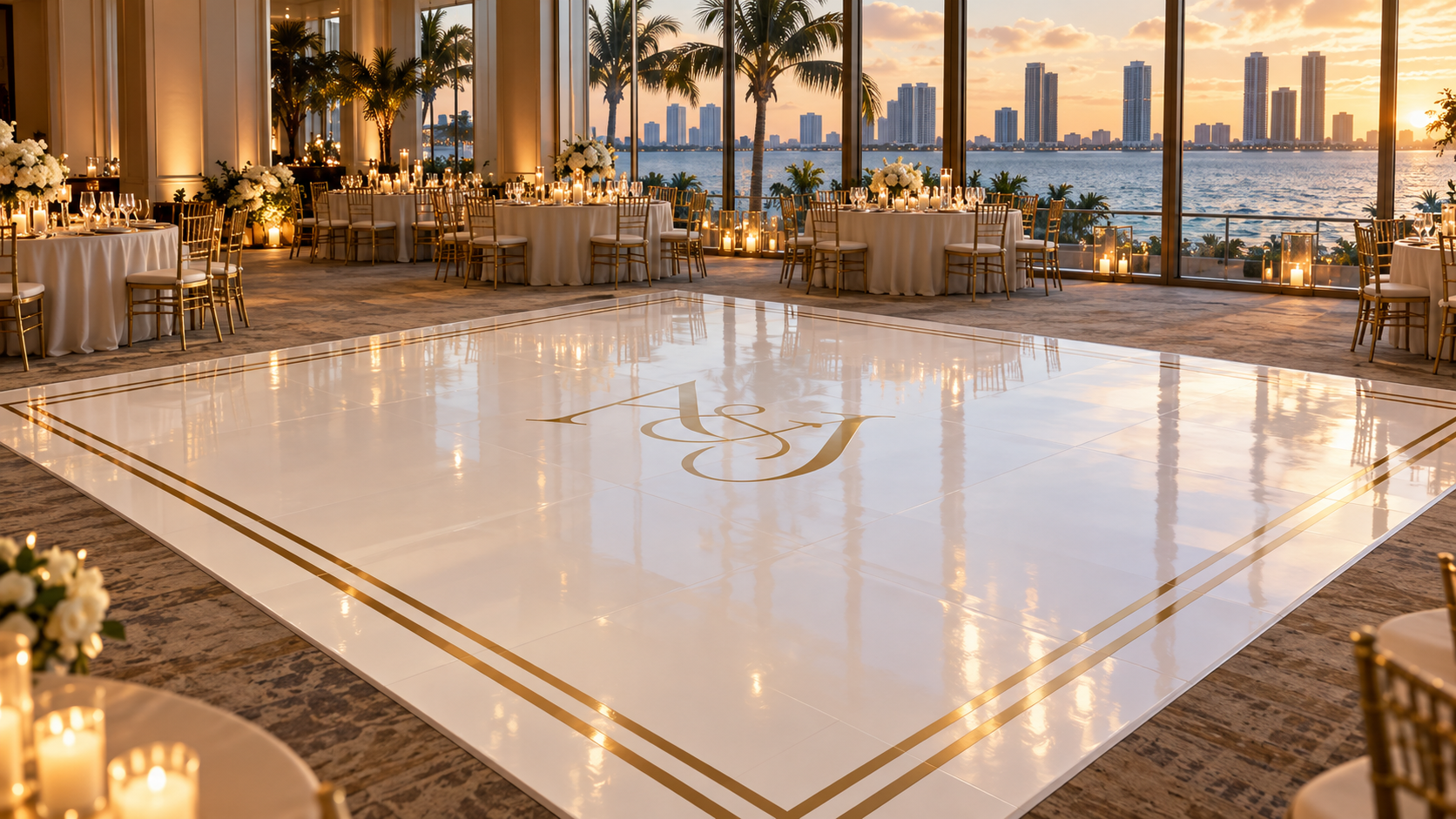 White wedding dance floor wrap with gold initials at a Miami waterfront venue.