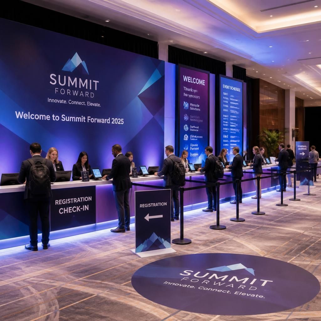 Branded conference registration area with check-in desks, event signage, digital displays