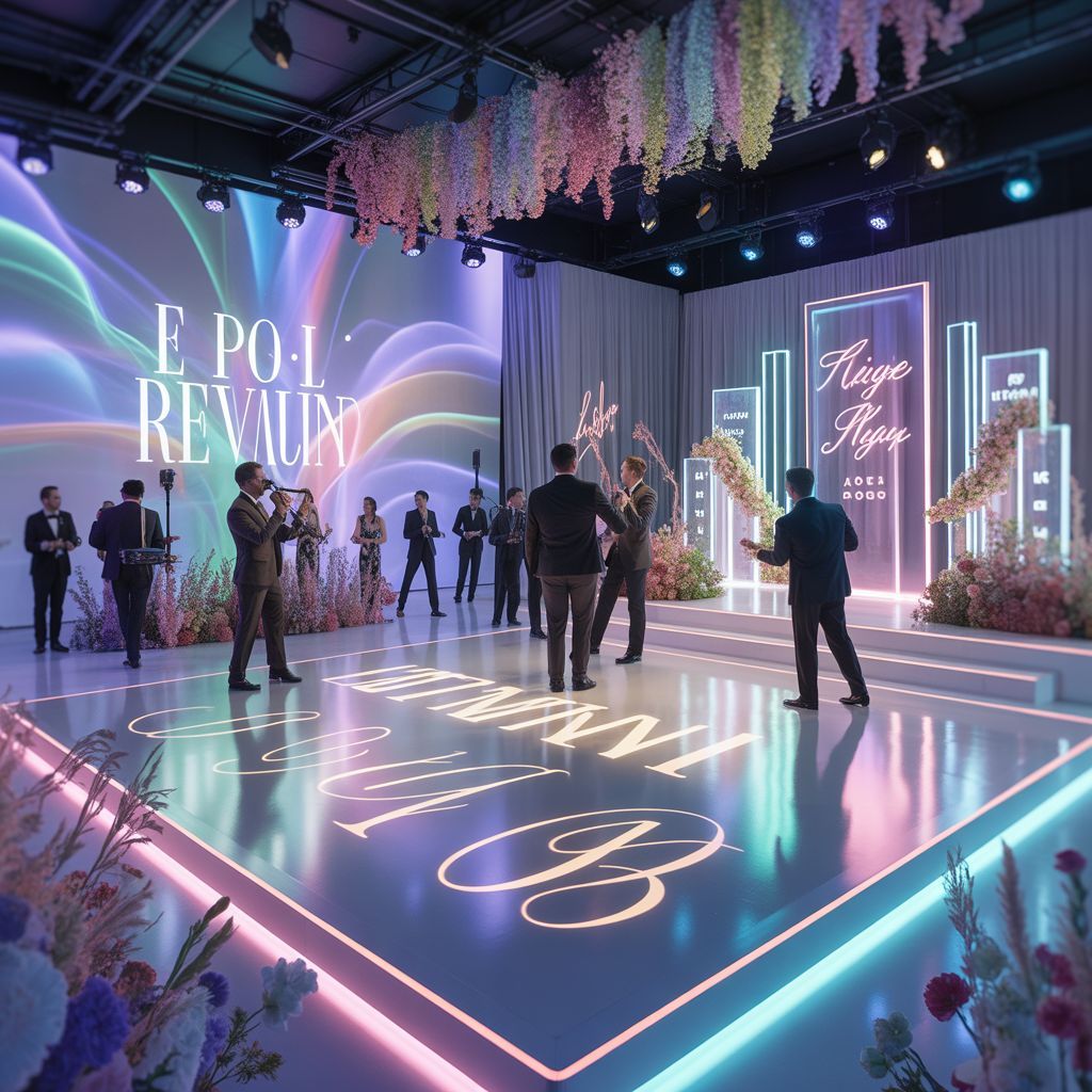 Modern luxury wedding reception with interactive live musicians, LED dance floor wrap, custom monogram graphics, projection lighting, and immersive stage design at a high-end indoor venue.