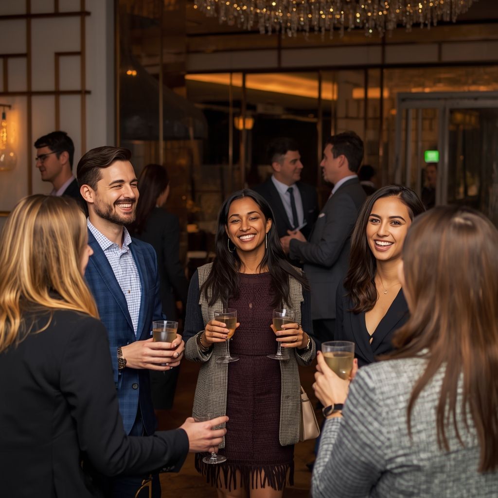 Employees are networking and celebrating at a stylish corporate holiday party with drinks and professional event decor.