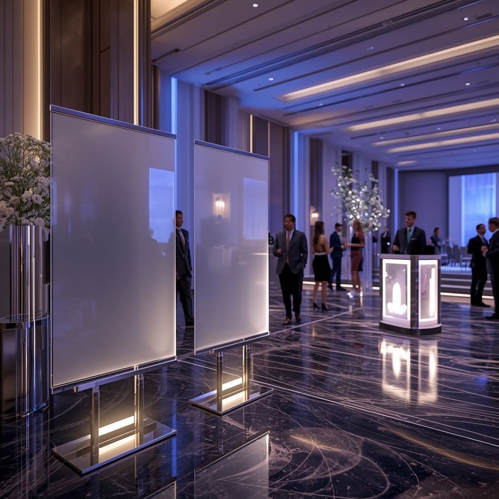 Elegant acrylic signs and seating charts were displayed at a luxury corporate event venue with modern lighting and professional event branding.