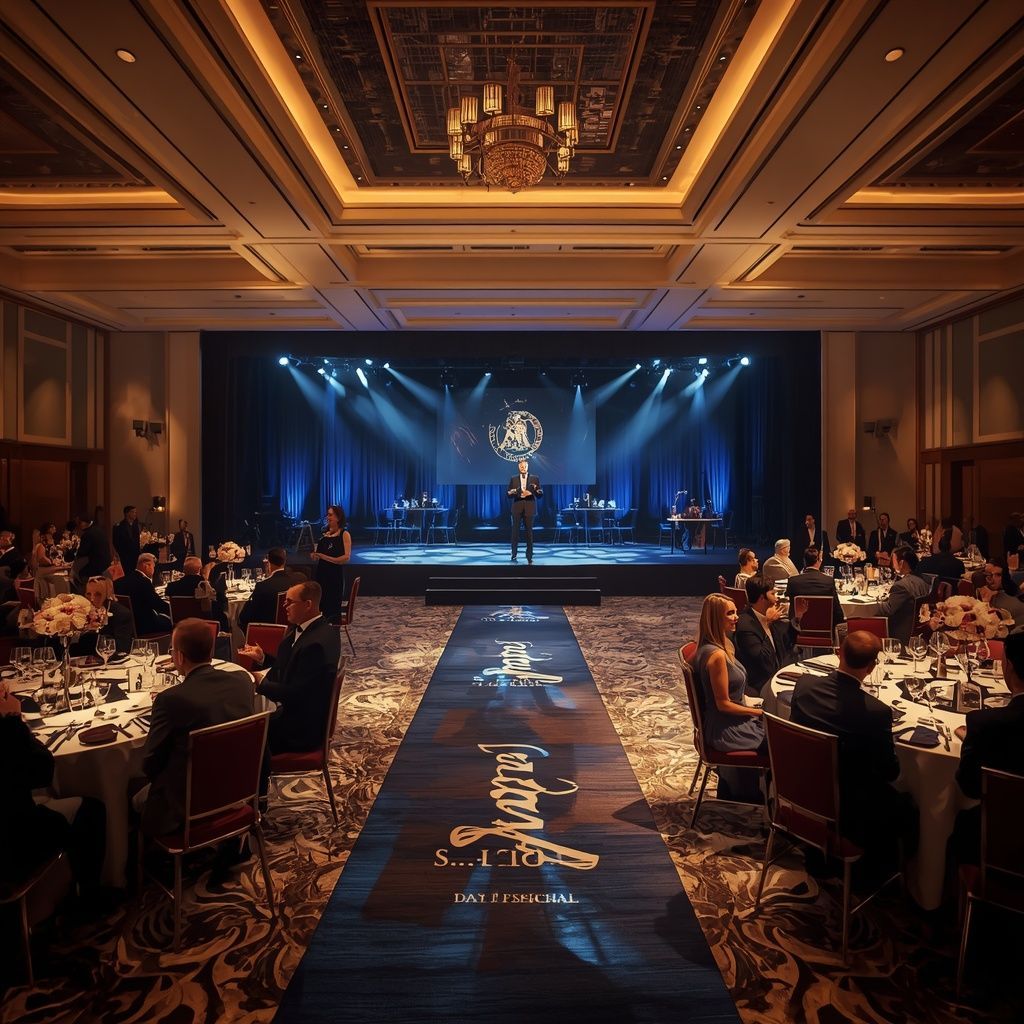 Corporate awards gala featuring elegant banquet seating, professional stage lighting, and a branded