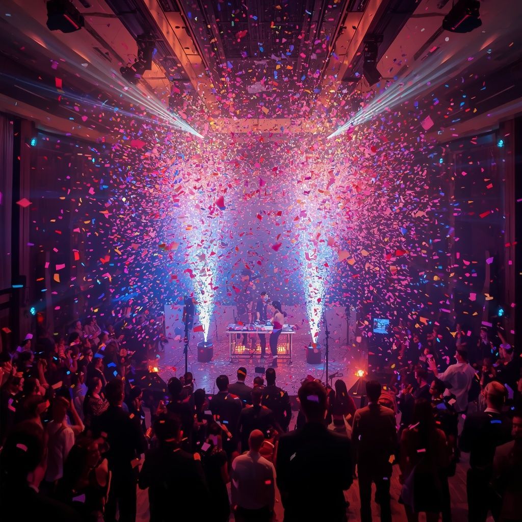 Confetti cannons releasing colorful confetti over a crowd at a live event with dramatic stage lighti