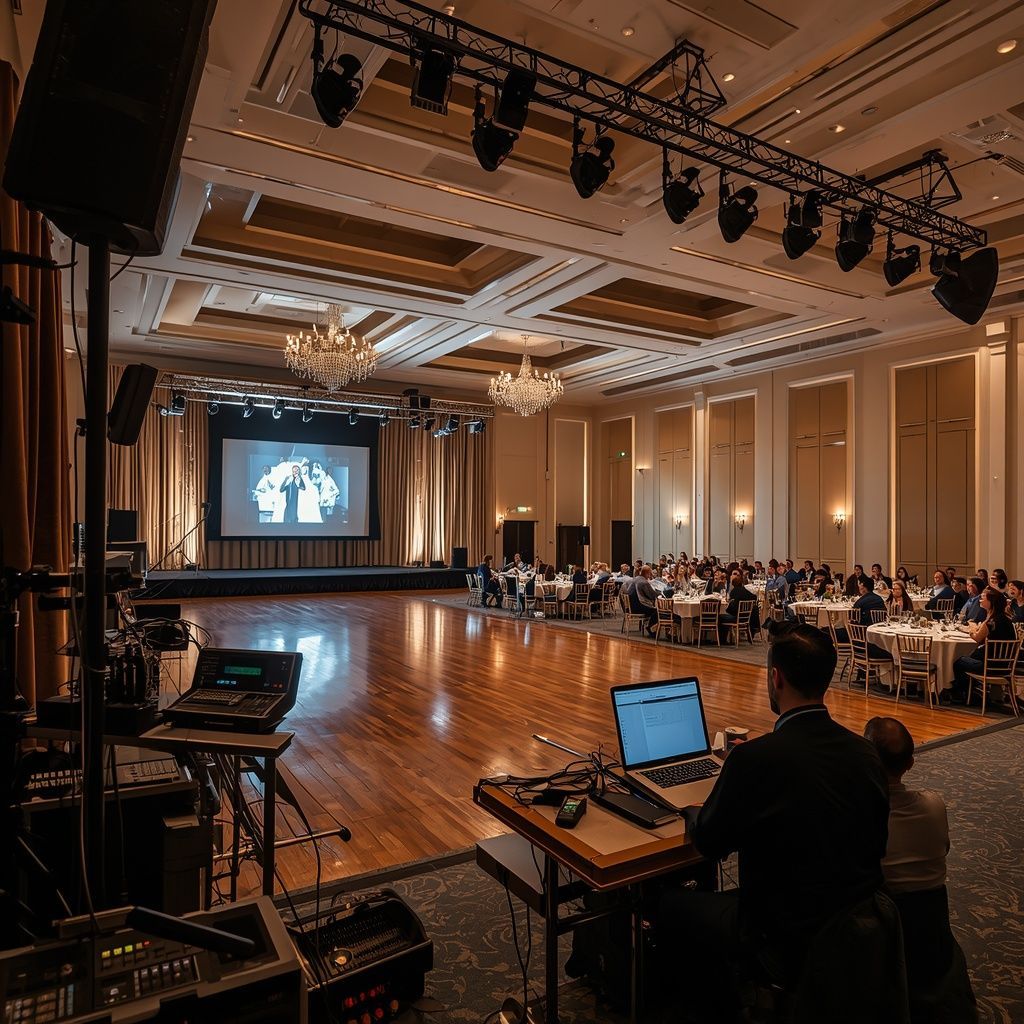 Event production team managing sound equipment in a luxury ballroom with stage lighting and banquet