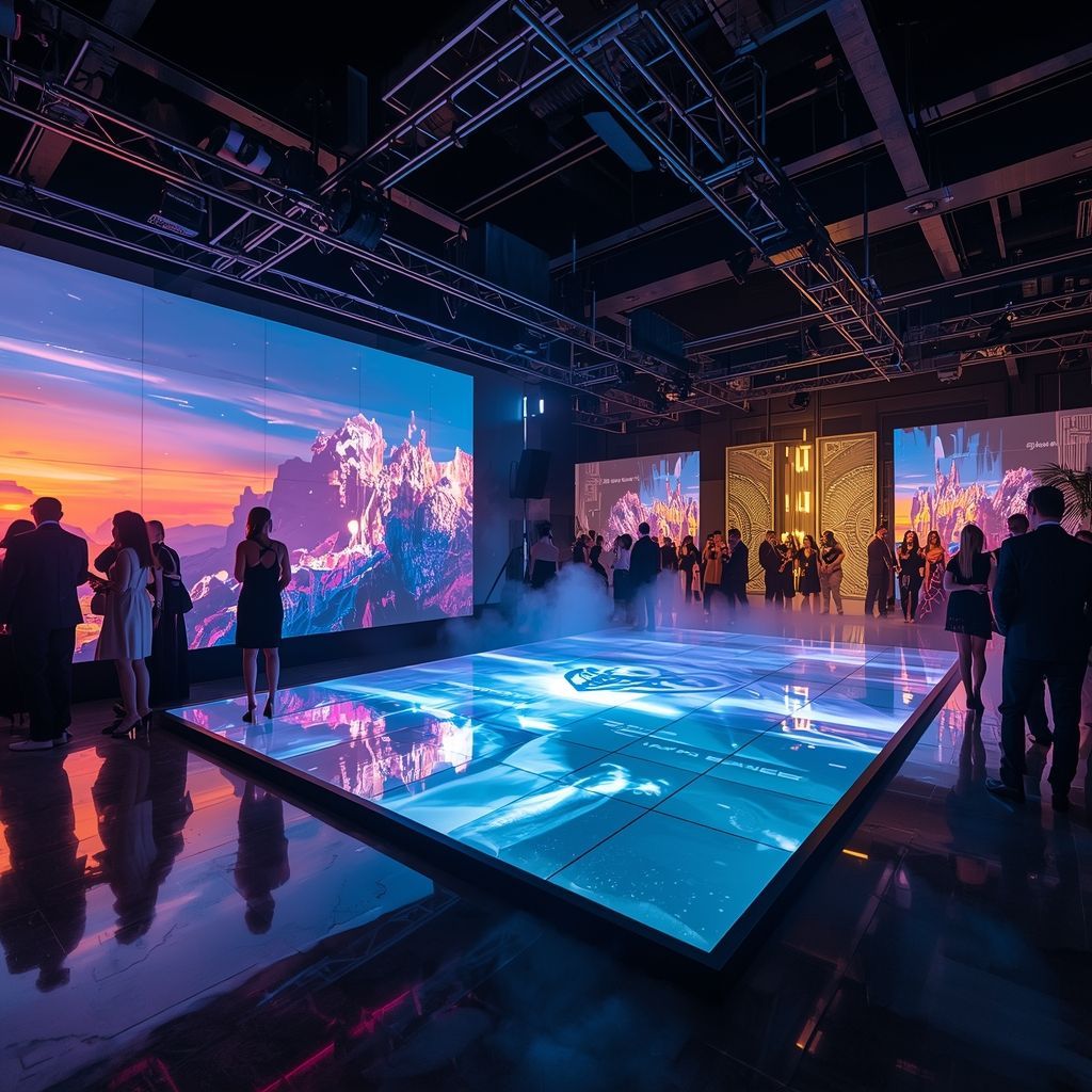 Futuristic private party in Miami with LED video walls, immersive digital visuals, custom interactive LED dance floor, stage lighting rig, and guests socializing in a luxury event venue.