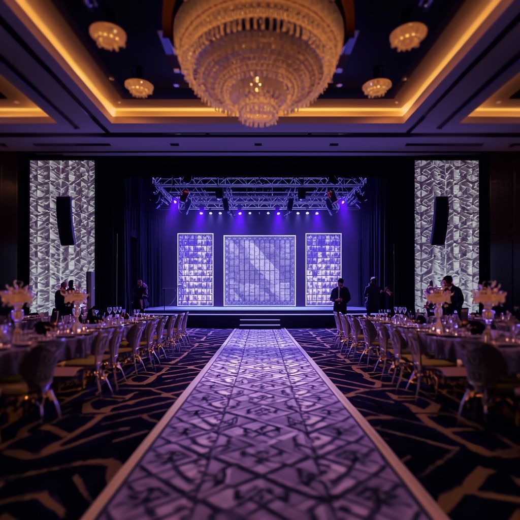 Luxury corporate event venue with branded aisle runner, stage lighting, and custom event production setup
