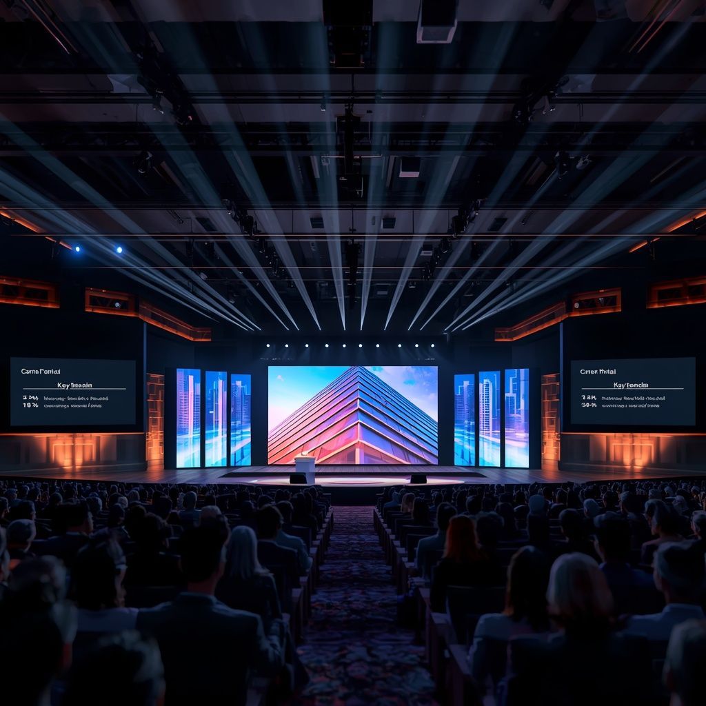 Scenic stage design for a corporate conference with LED screens, and branded event production.