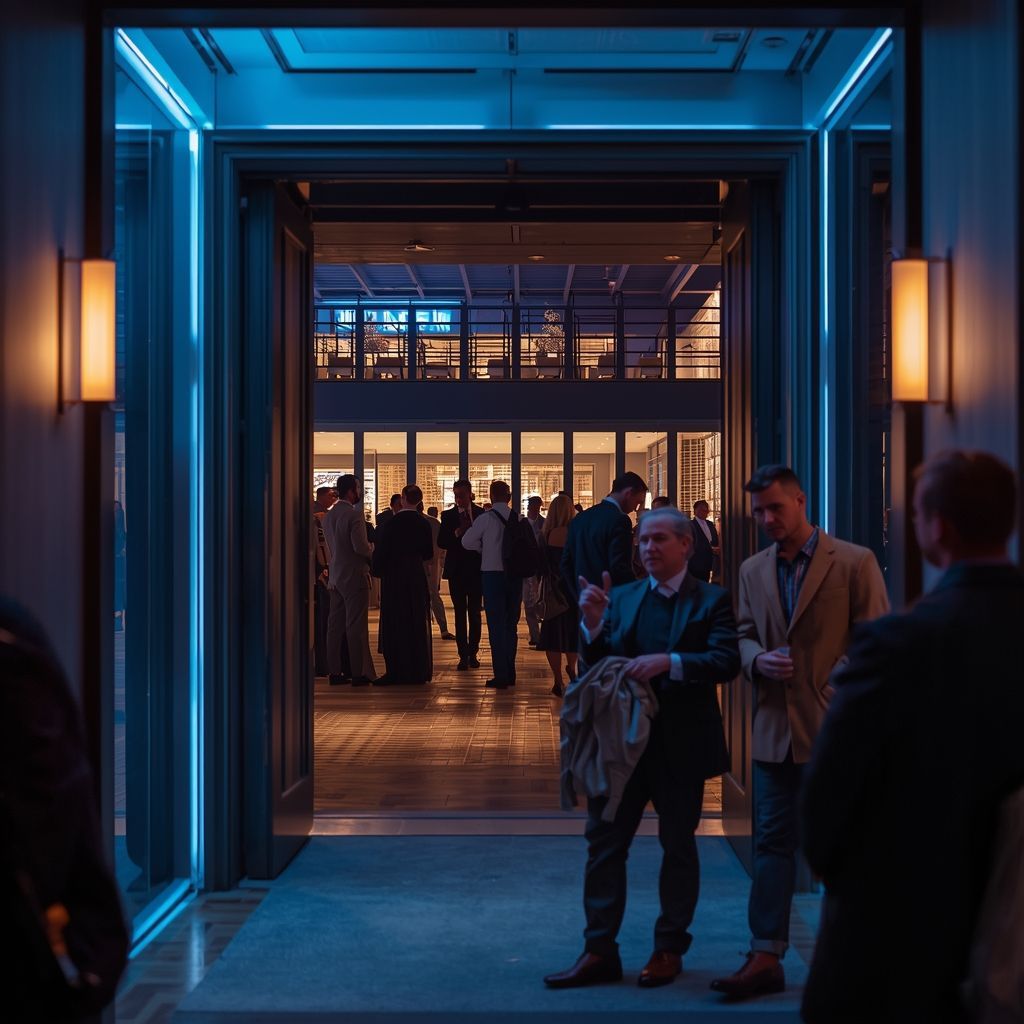 Guests entering a modern upscale event venue designed with lighting and spatial psychology to enhance engagement