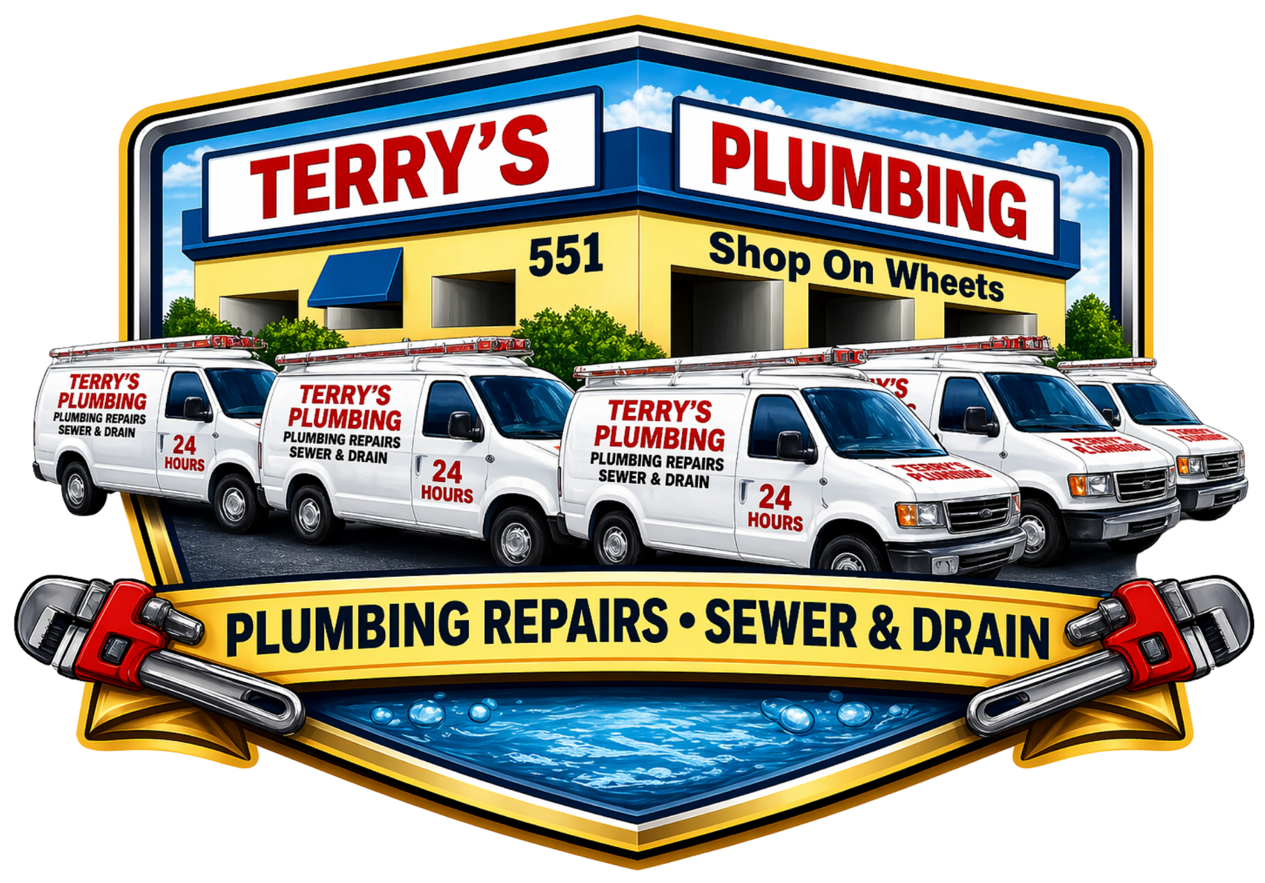 Terry’s Plumbing logo with service vans and tools, reading “Shop On Wheels” and “Plumbing Repairs • Sewer & Drain”