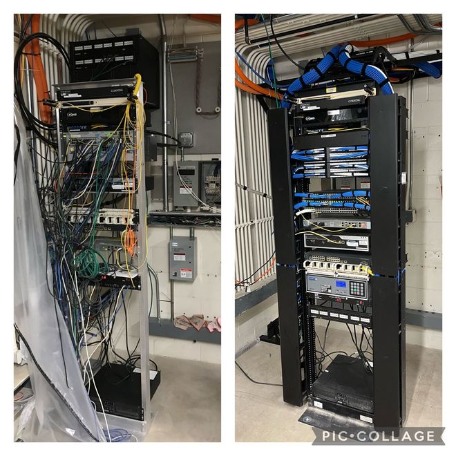 Two photos of a network server rack with cables and equipment in a utility room.