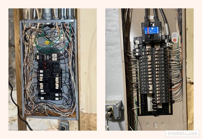 Two photos of an open electrical breaker panel with exposed wiring and circuit breakers.