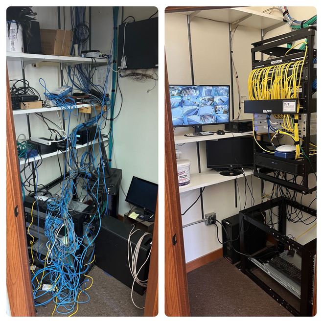 Two photos of a cluttered network closet with shelves of tangled blue cables and rack-mounted equipment.