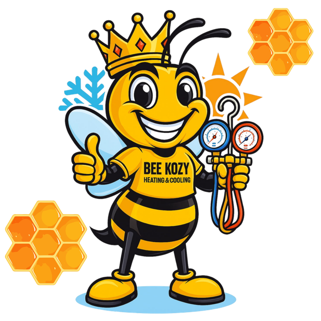 Cartoon bee with crown next to honeycomb cells, smiling and waving