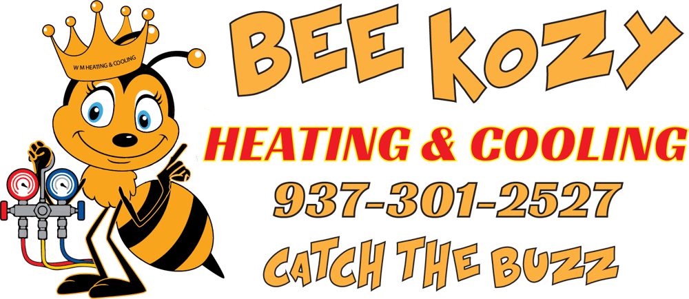 Bee Kozy Heating & Cooling logo with cartoon bee, orange text, phone number, and “Catch the Buzz” tagline
