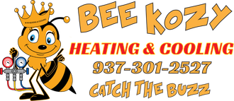 Bee Kozy Heating & Cooling logo with cartoon bee, orange text, phone number, and &ldquo;Catch the Buzz&rdquo; tagline