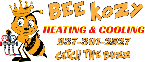 Bee Kozy Heating & Cooling logo with cartoon bee, orange text, phone number, and &ldquo;Catch the Buzz&rdquo; tagline
