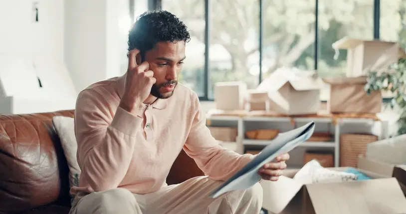 Man sitting on couch looking over foreclosure notice of home.