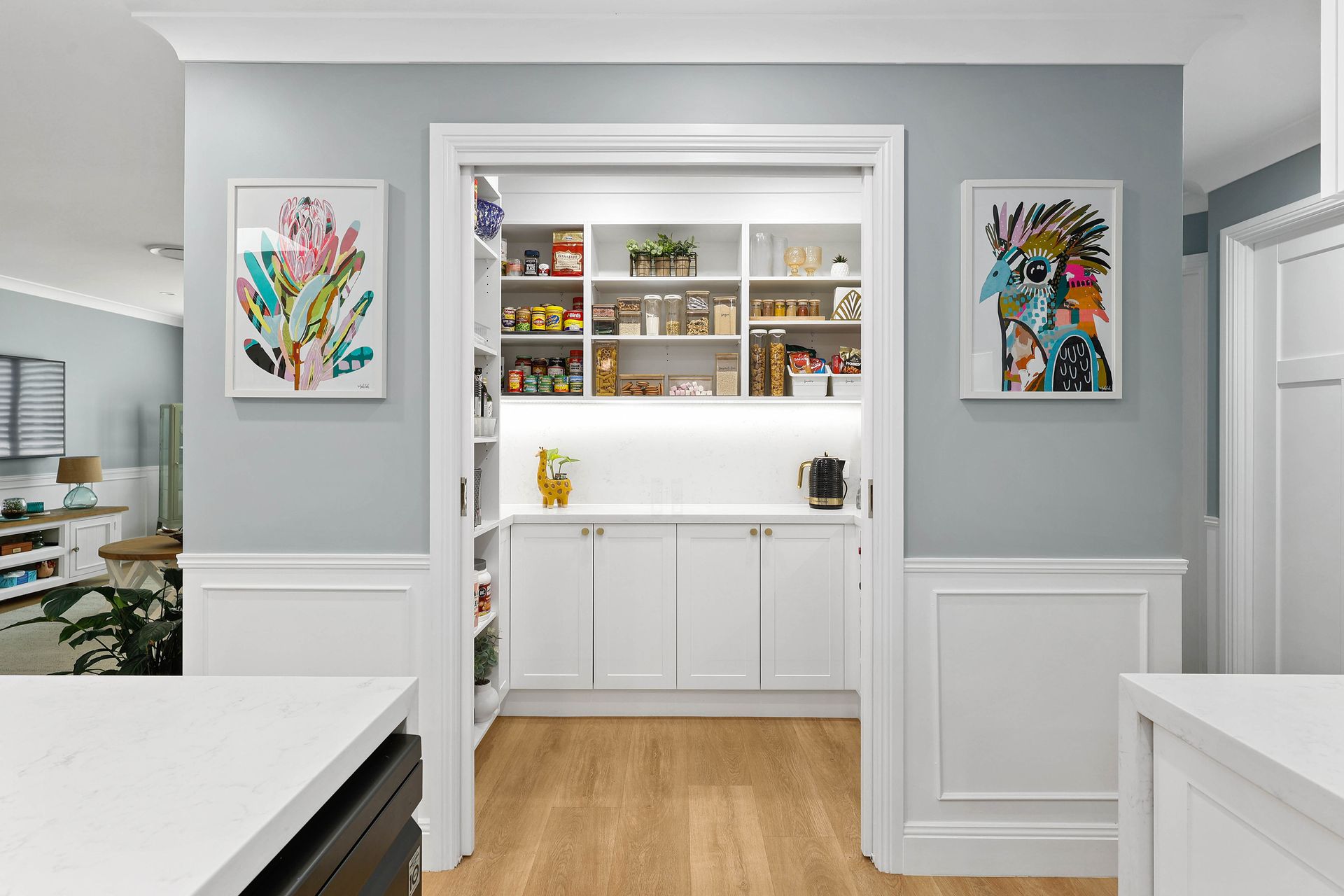 Pantry entrance with white trim, blue walls, and artwork; the pantry interior is well-stocked with shelves and food — Above & Beyond Interiors in Narellan, NSW