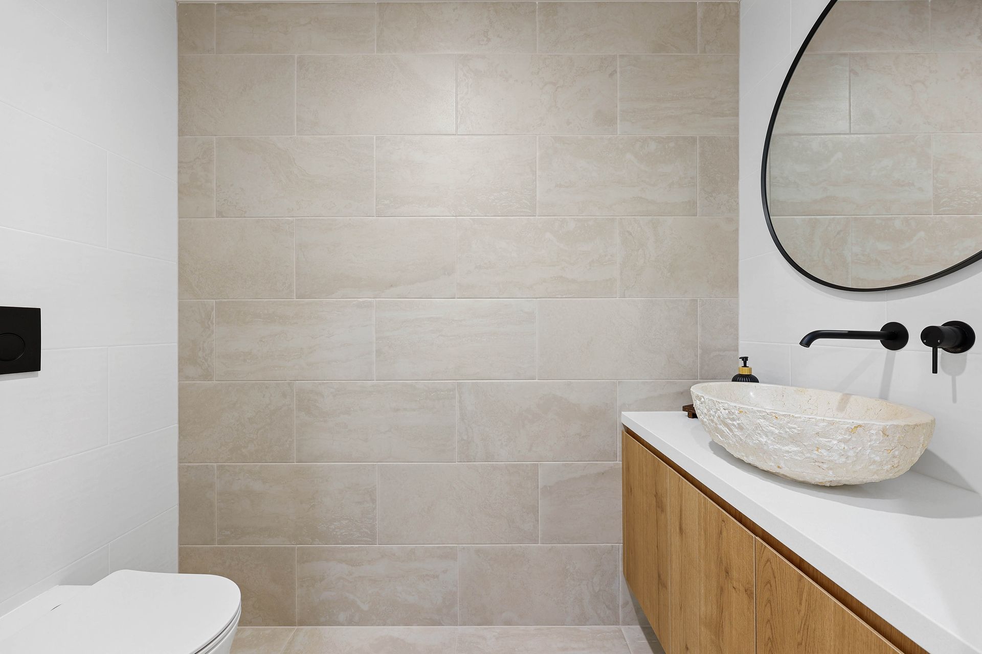 Modern Bathroom with Beige Tile Wall — Above & Beyond Interiors in Smeaton Grange, NSW