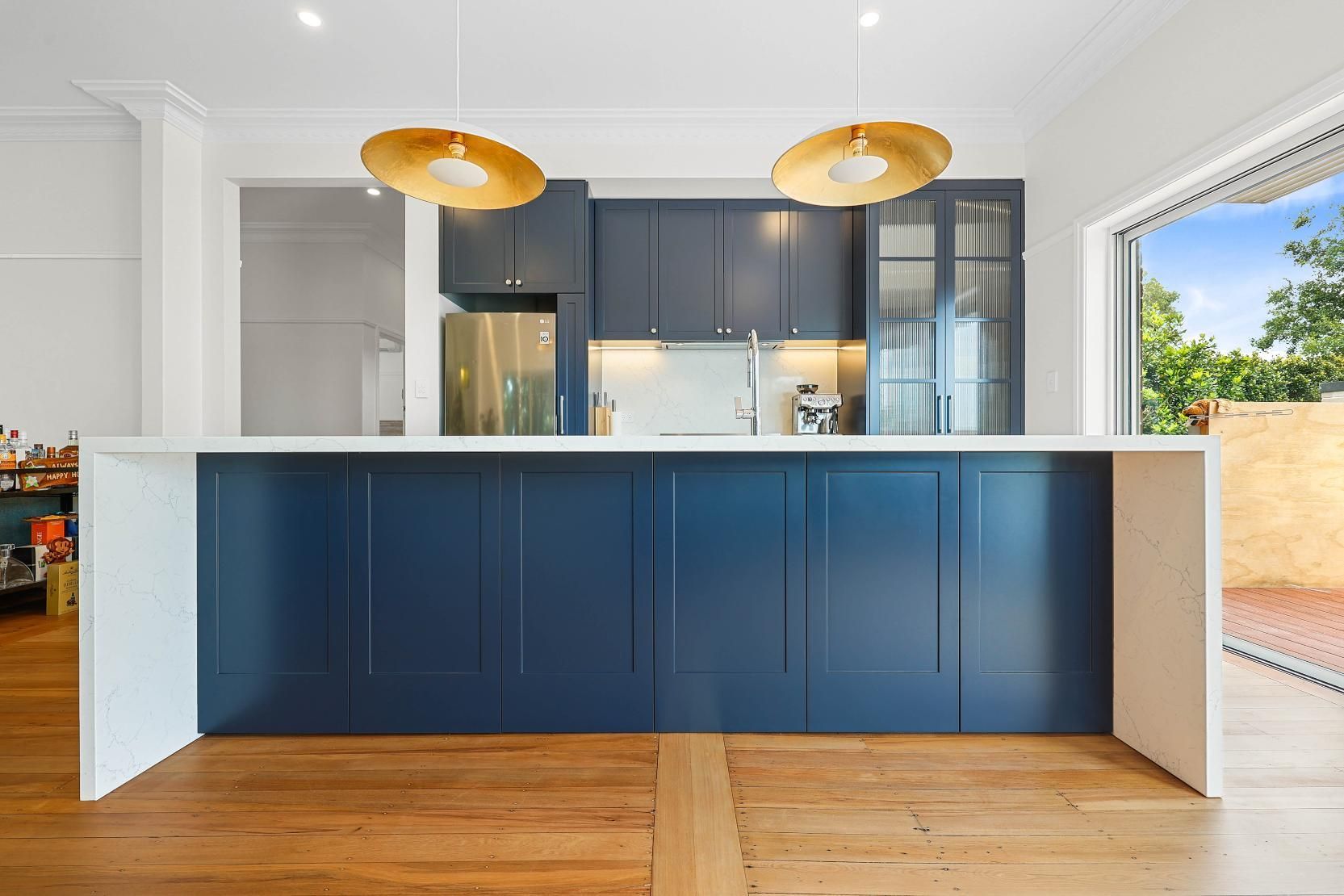 Modern Kitchen With Navy Island, White Walls — Above & Beyond Interiors in Smeaton Grange, NSW