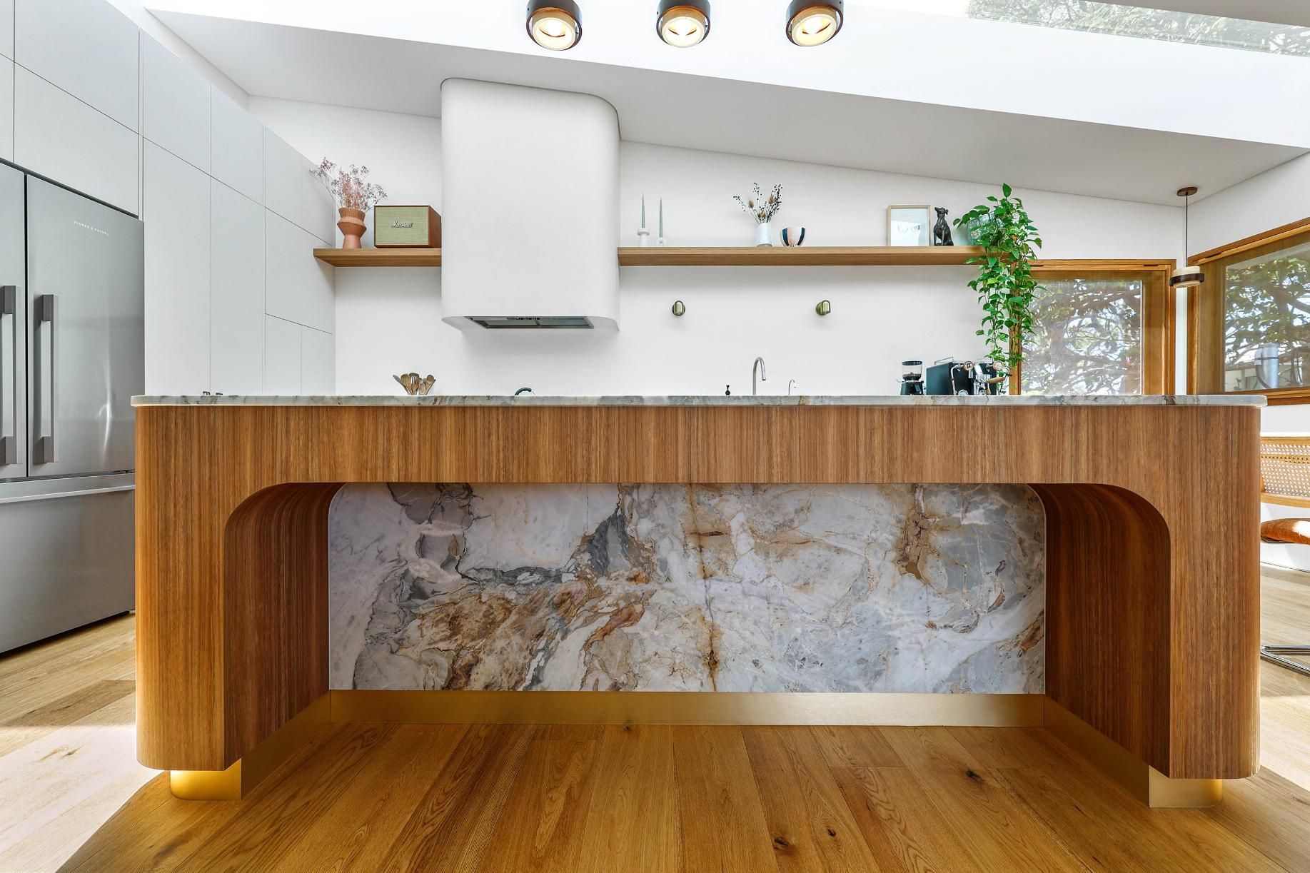 Modern Kitchen with Wood Island, Marble Base — Above & Beyond Interiors in Smeaton Grange, NSW