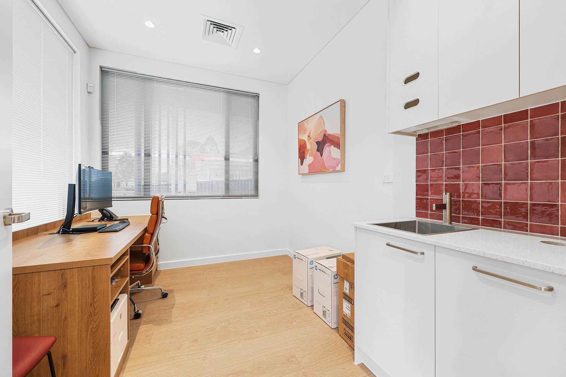 Small Home Office With Wooden Desk, Chair — Above & Beyond Interiors in Smeaton Grange, NSW