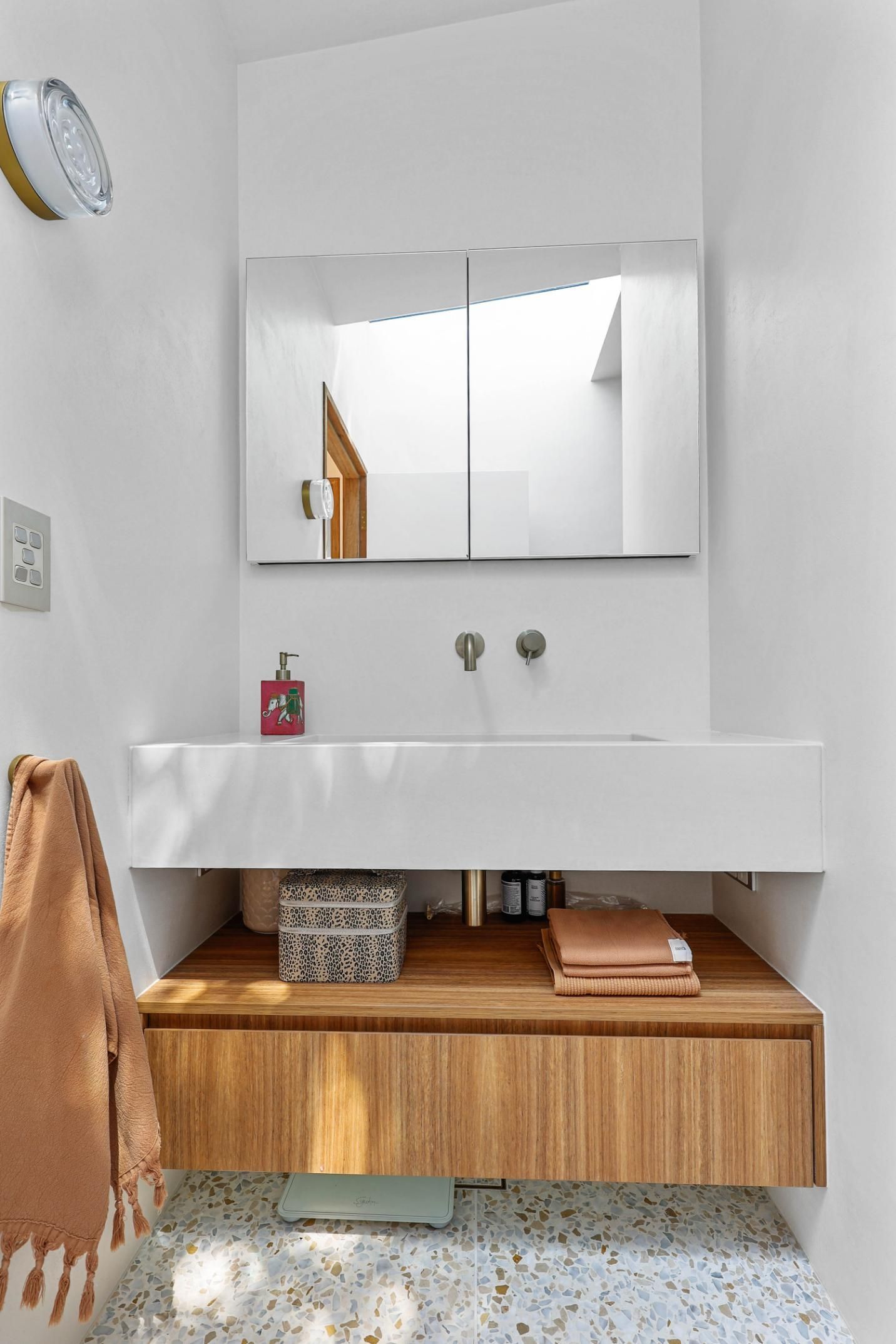 Modern Bathroom Vanity With Mirror, White Sink — Above & Beyond Interiors in Smeaton Grange, NSW