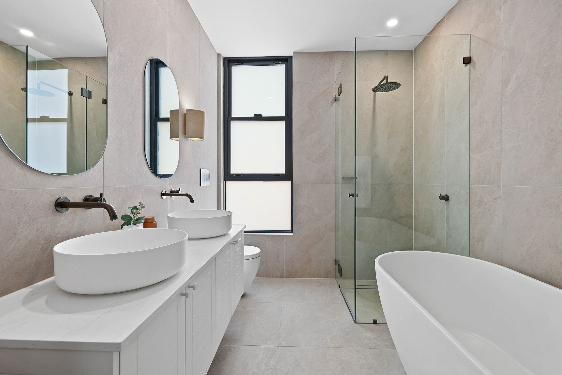 Modern Bathroom With Double Sinks, Large Mirrors — Above & Beyond Interiors in Smeaton Grange, NSW