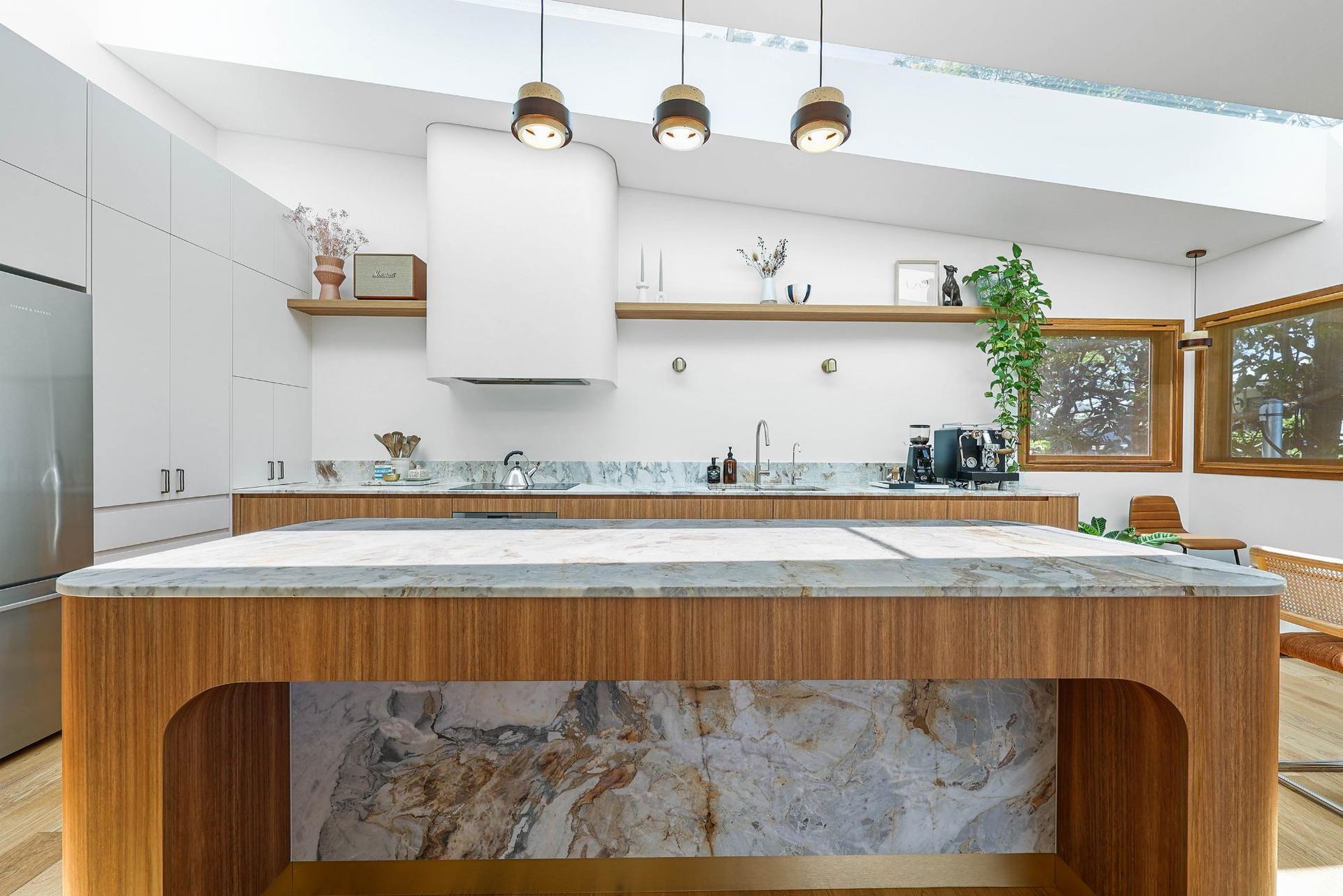 Modern Kitchen With White Cabinetry, Marble Island — Above & Beyond Interiors in Smeaton Grange, NSW