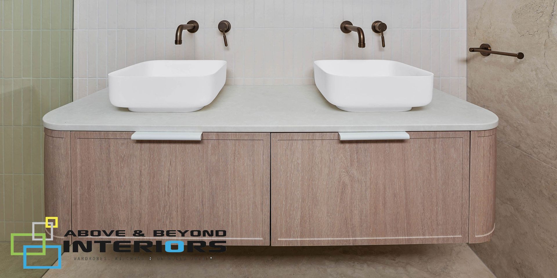 Double Sink Vanity with White Basins and Light Wood Cabinet — Above & Beyond Interiors in Smeaton Grange, NSW