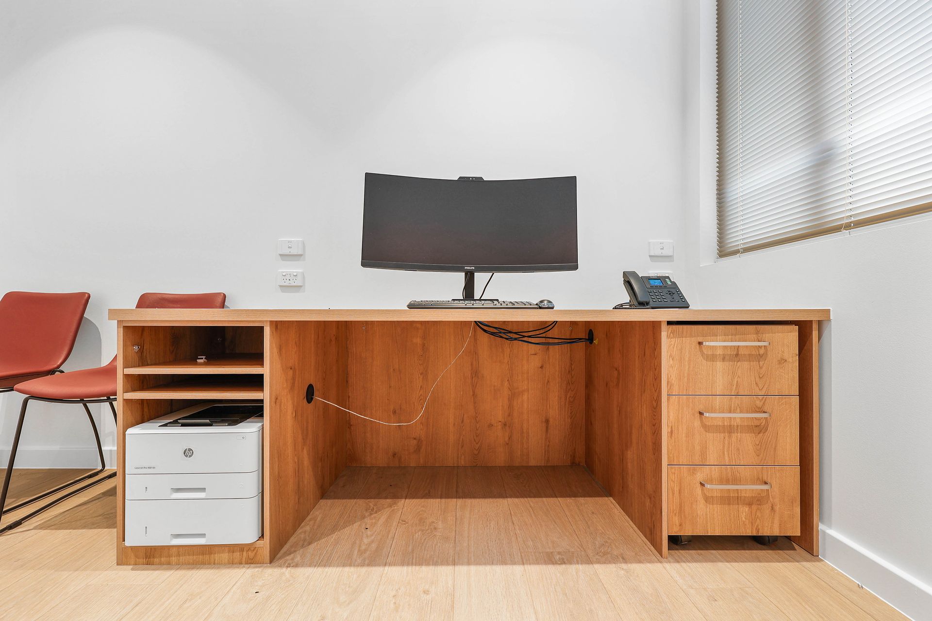 Wooden Office Desk With Monitor, Drawers — Above & Beyond Interiors in Smeaton Grange, NSW