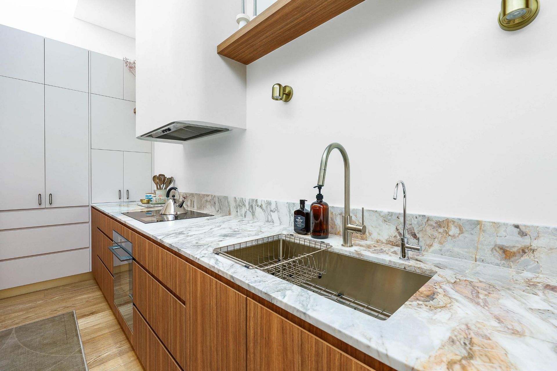 Modern Kitchen With Wood Cabinets, Marble Countertop — Above & Beyond Interiors in Smeaton Grange, NSW