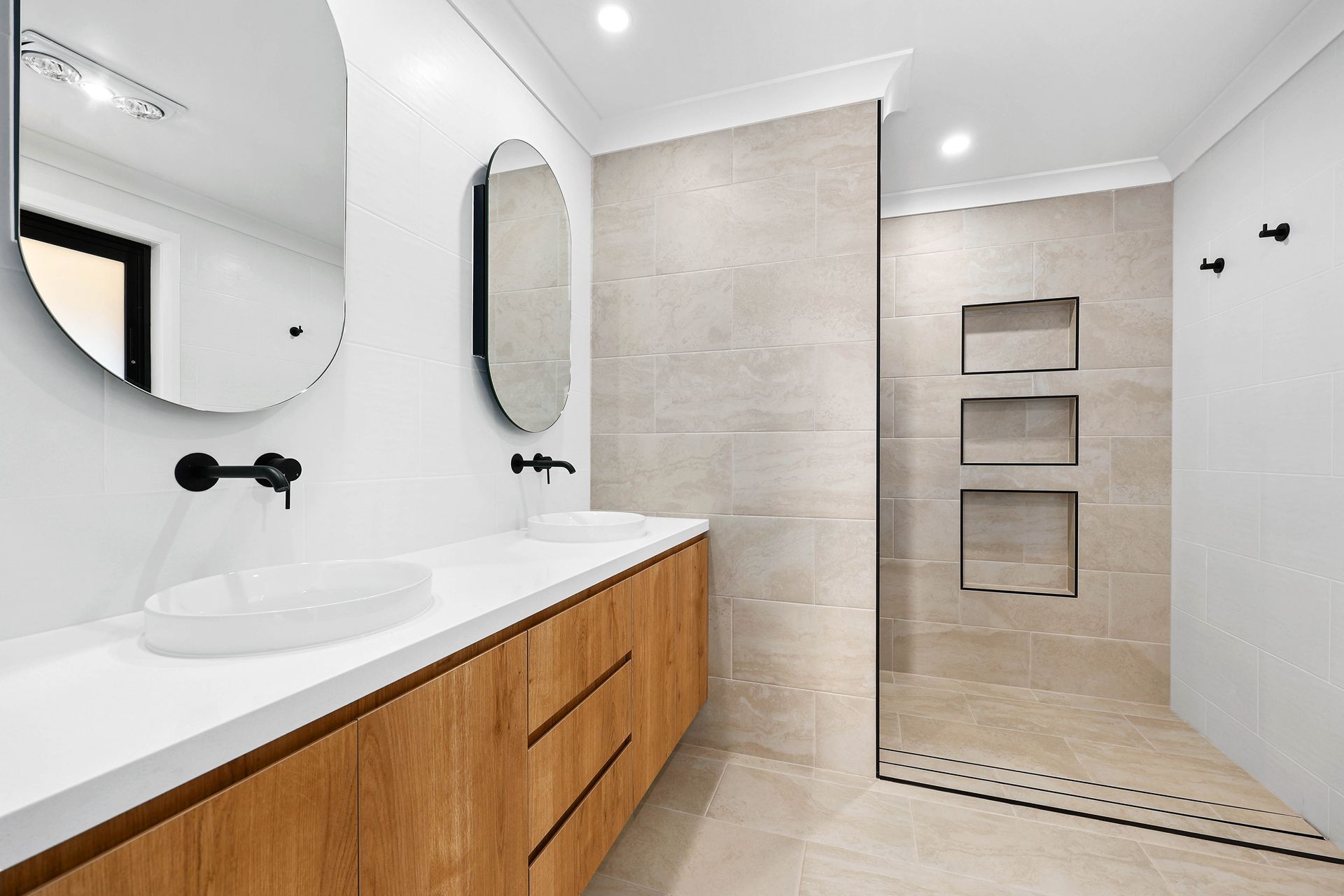 Modern Bathroom with Wood Vanity — Above & Beyond Interiors in Smeaton Grange, NSW