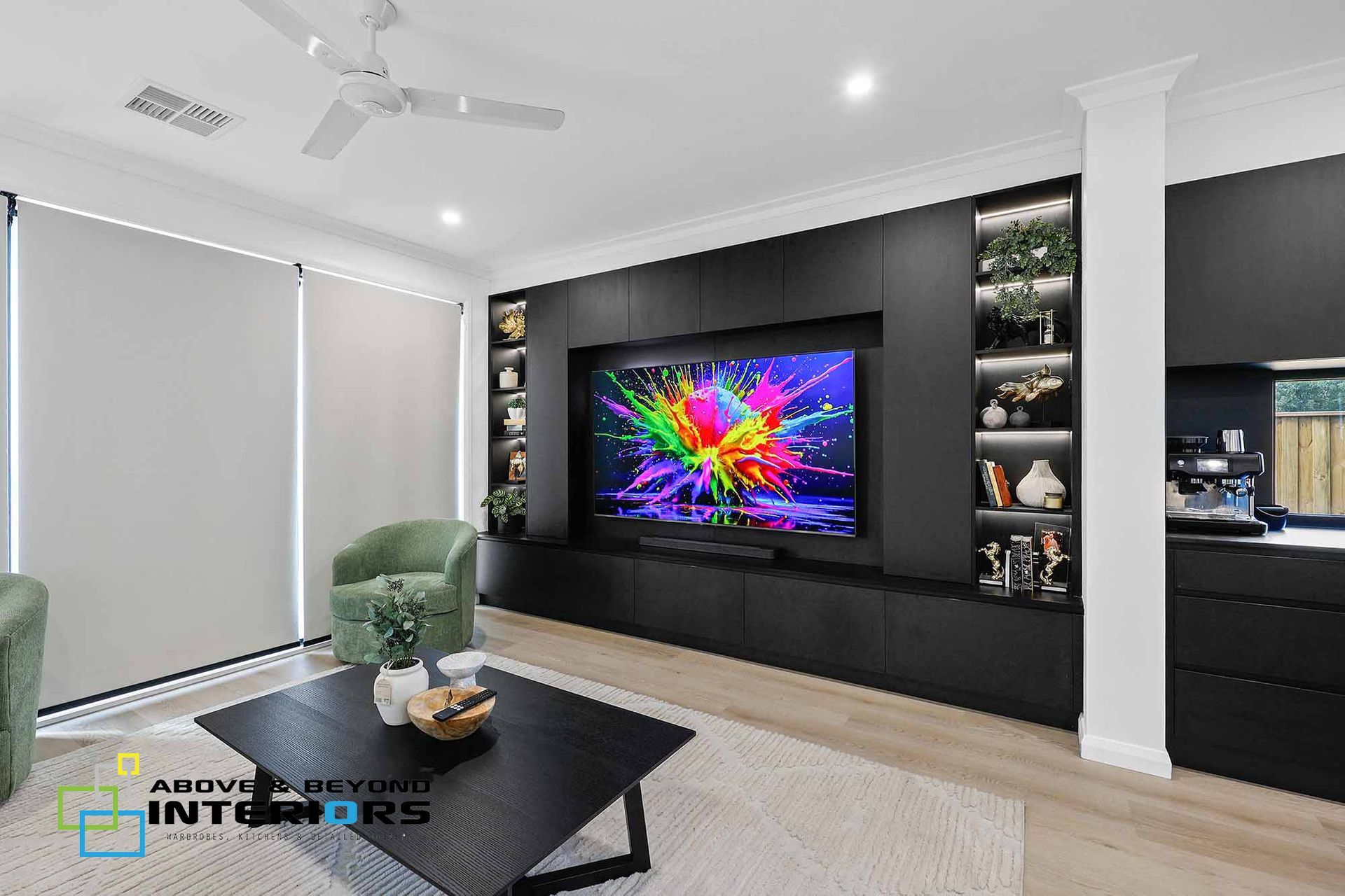 Modern Living Room with Black Media Wall — Above & Beyond Interiors in Smeaton Grange, NSW