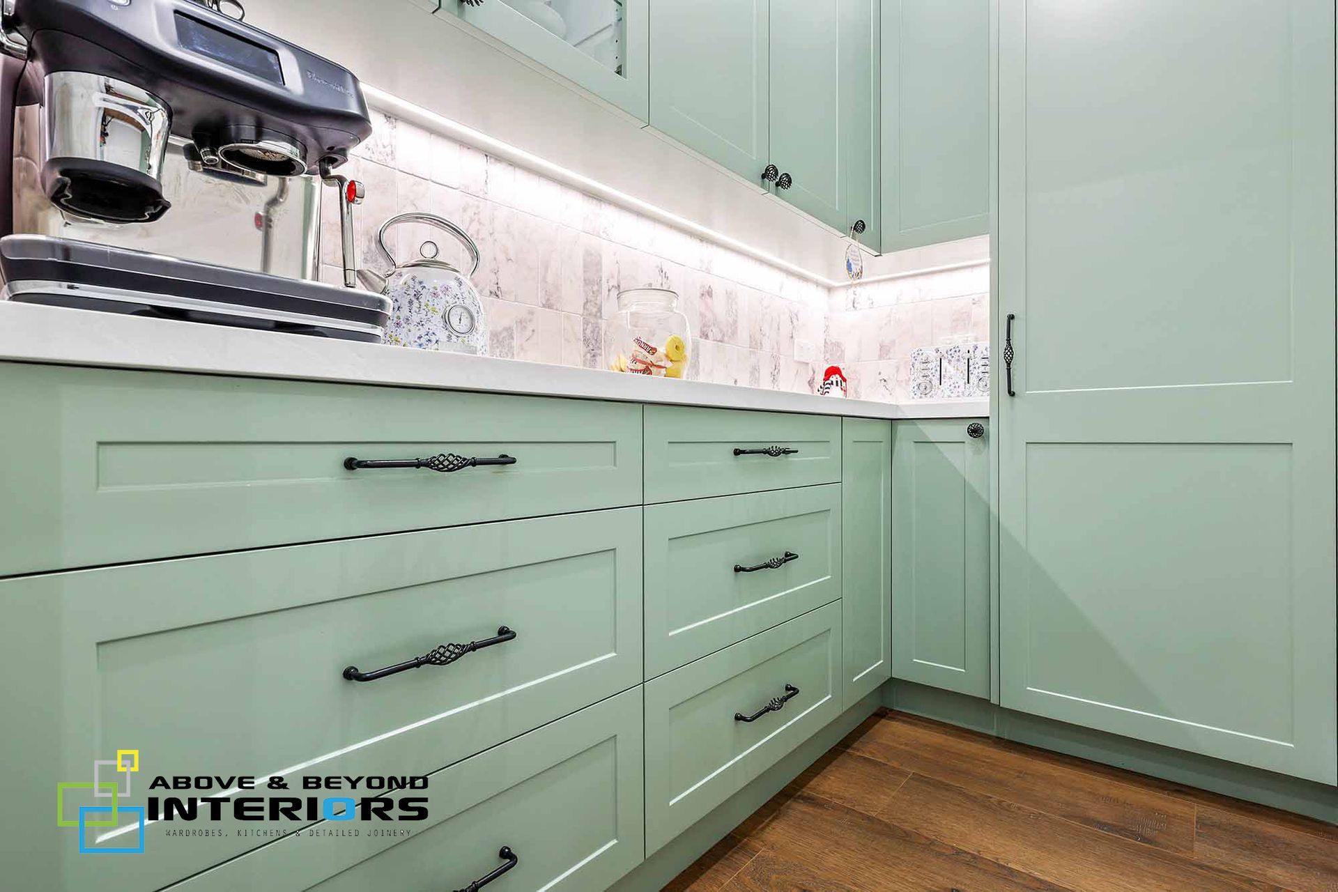 Mint-Green Kitchen with Built-In Cabinets — Above & Beyond Interiors in Smeaton Grange, NSW