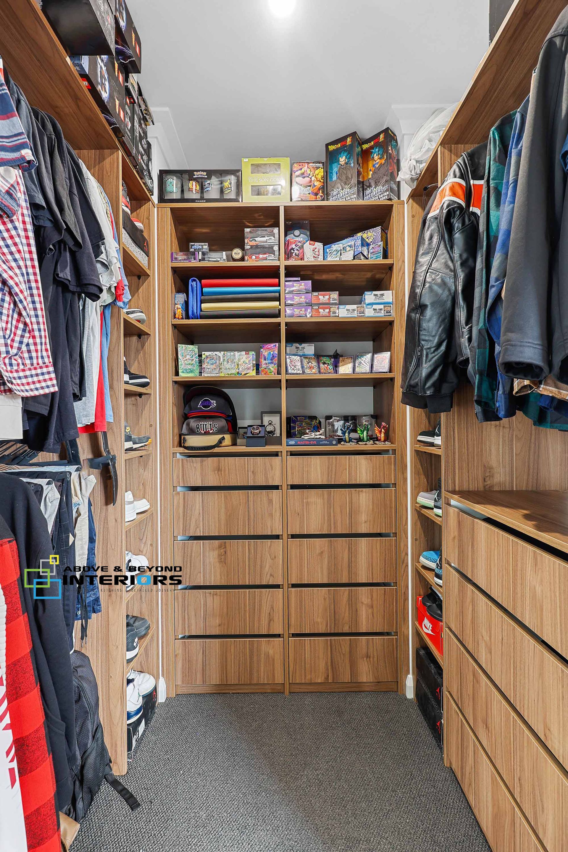 Walk-In Closet with Wooden Shelves — Above & Beyond Interiors in Smeaton Grange, NSW