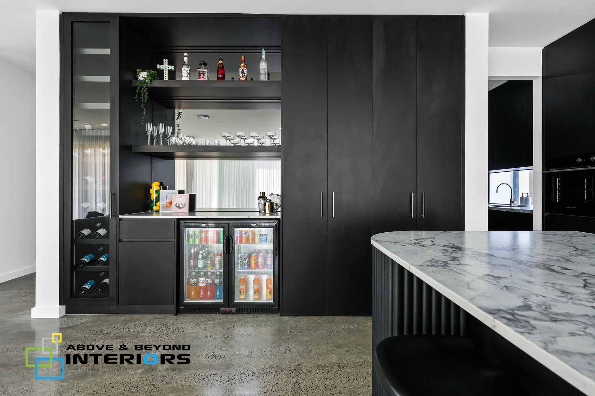 Modern Built-In Bar Cabinet with Wine Fridge — Above & Beyond Interiors in Smeaton Grange, NSW