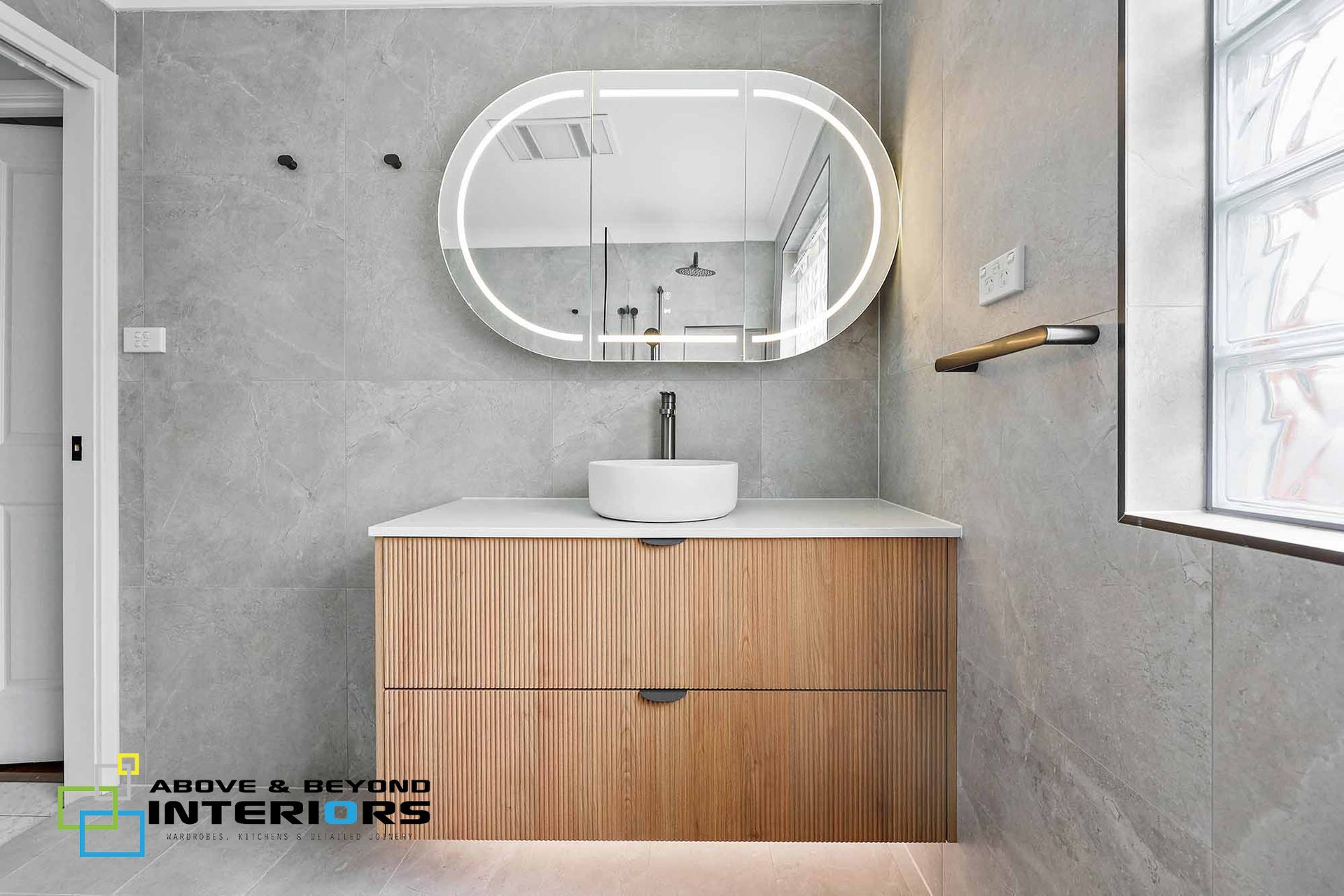 Modern Bathroom Vanity with Wood Cabinet — Above & Beyond Interiors in Smeaton Grange, NSW