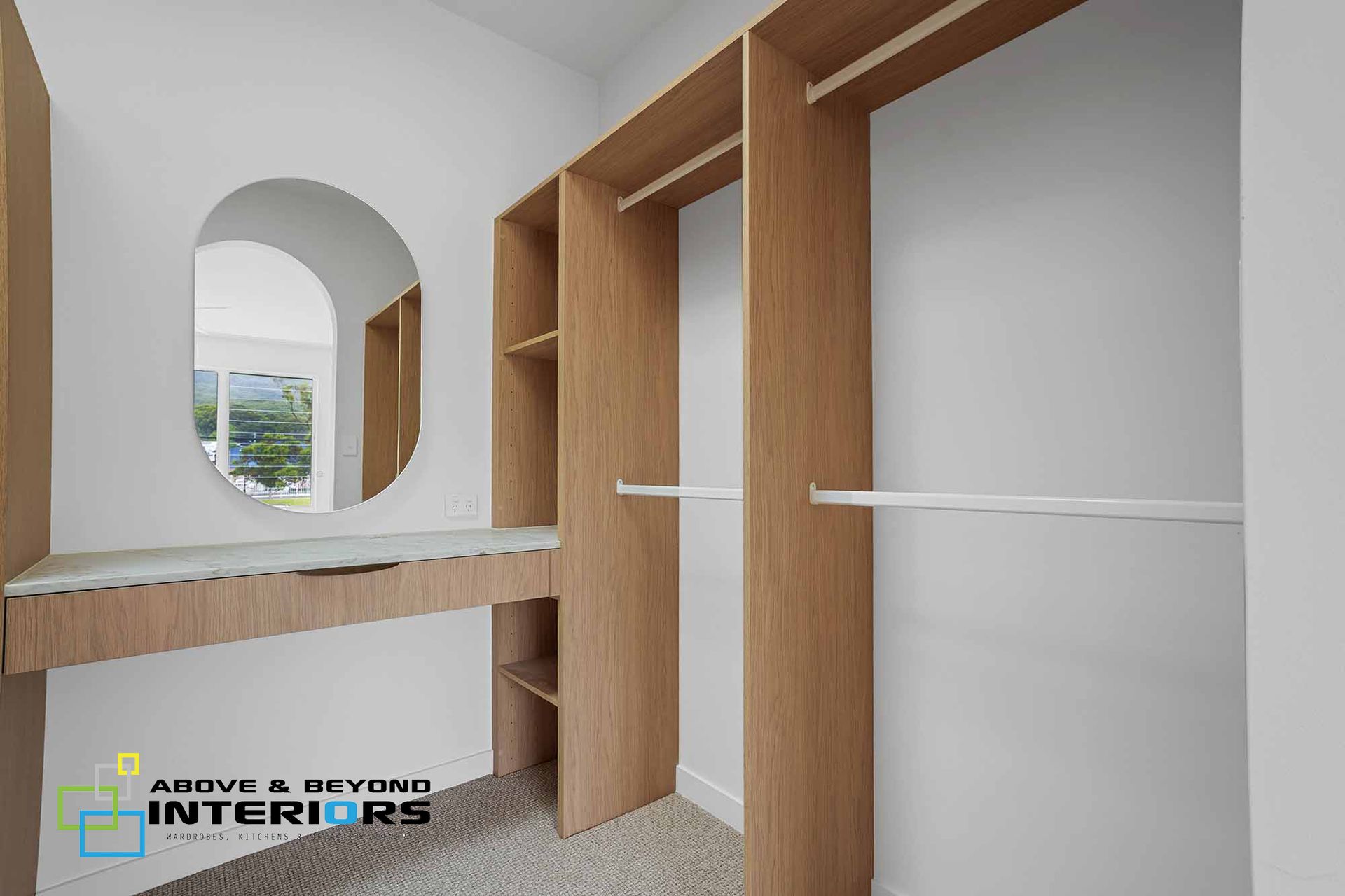 Modern Wooden Closet Room with Shelves — Above & Beyond Interiors in Smeaton Grange, NSW