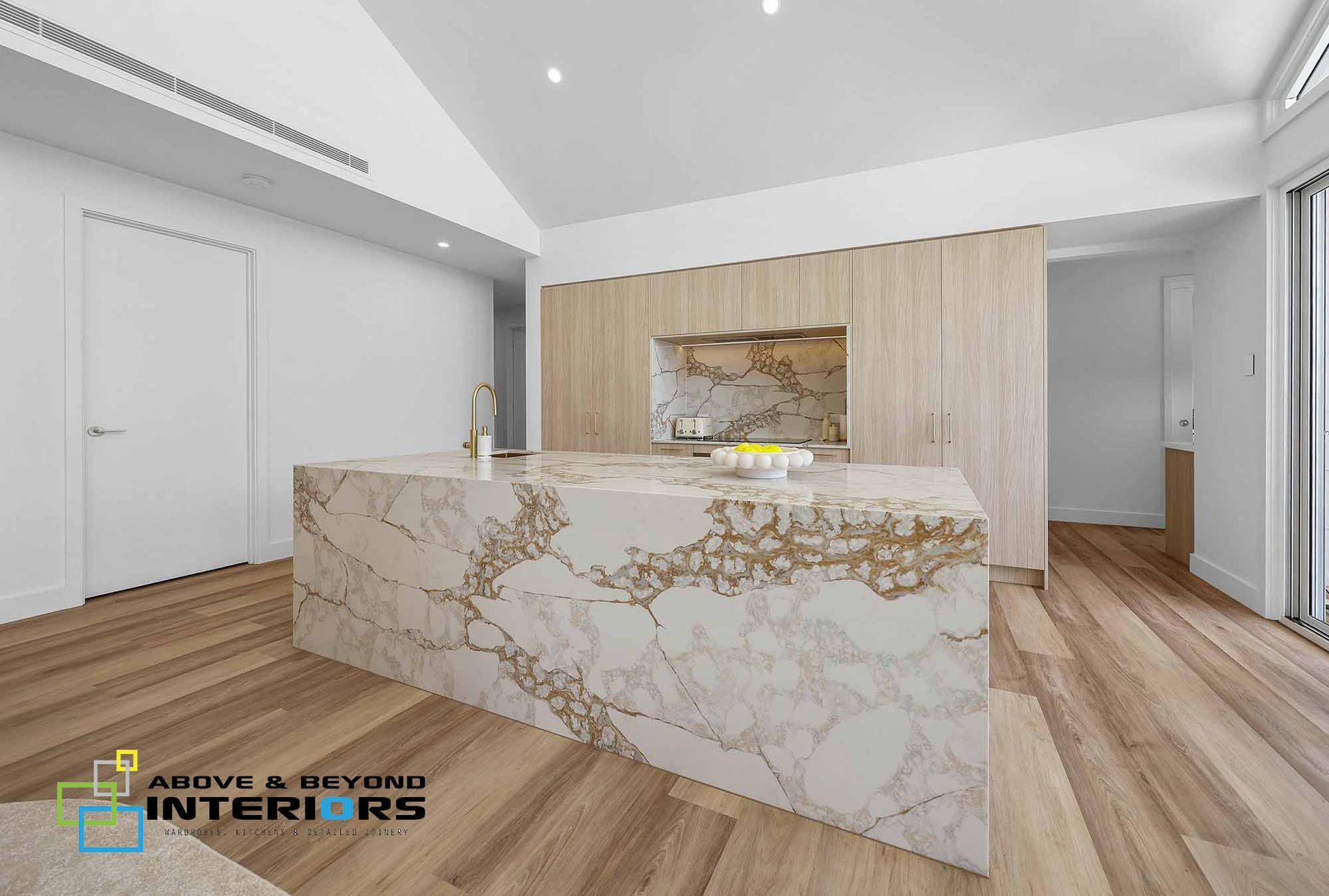 Modern Reception Desk with Marble and Wood — Above & Beyond Interiors in Smeaton Grange, NSW