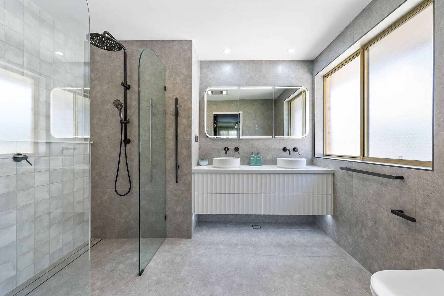 Modern Bathroom With Walk-in Shower — Above & Beyond Interiors in Smeaton Grange, NSW