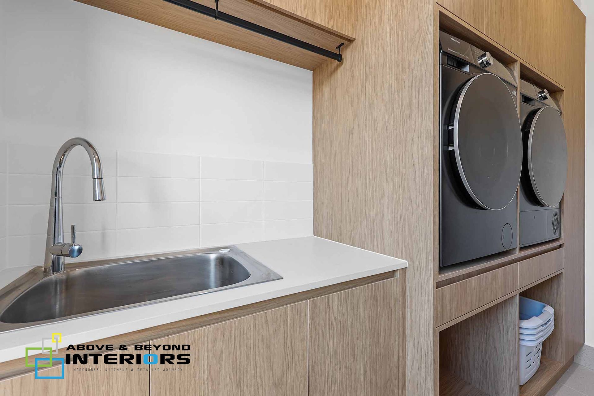 Compact Wood Kitchenette with Stainless Sink — Above & Beyond Interiors in Smeaton Grange, NSW