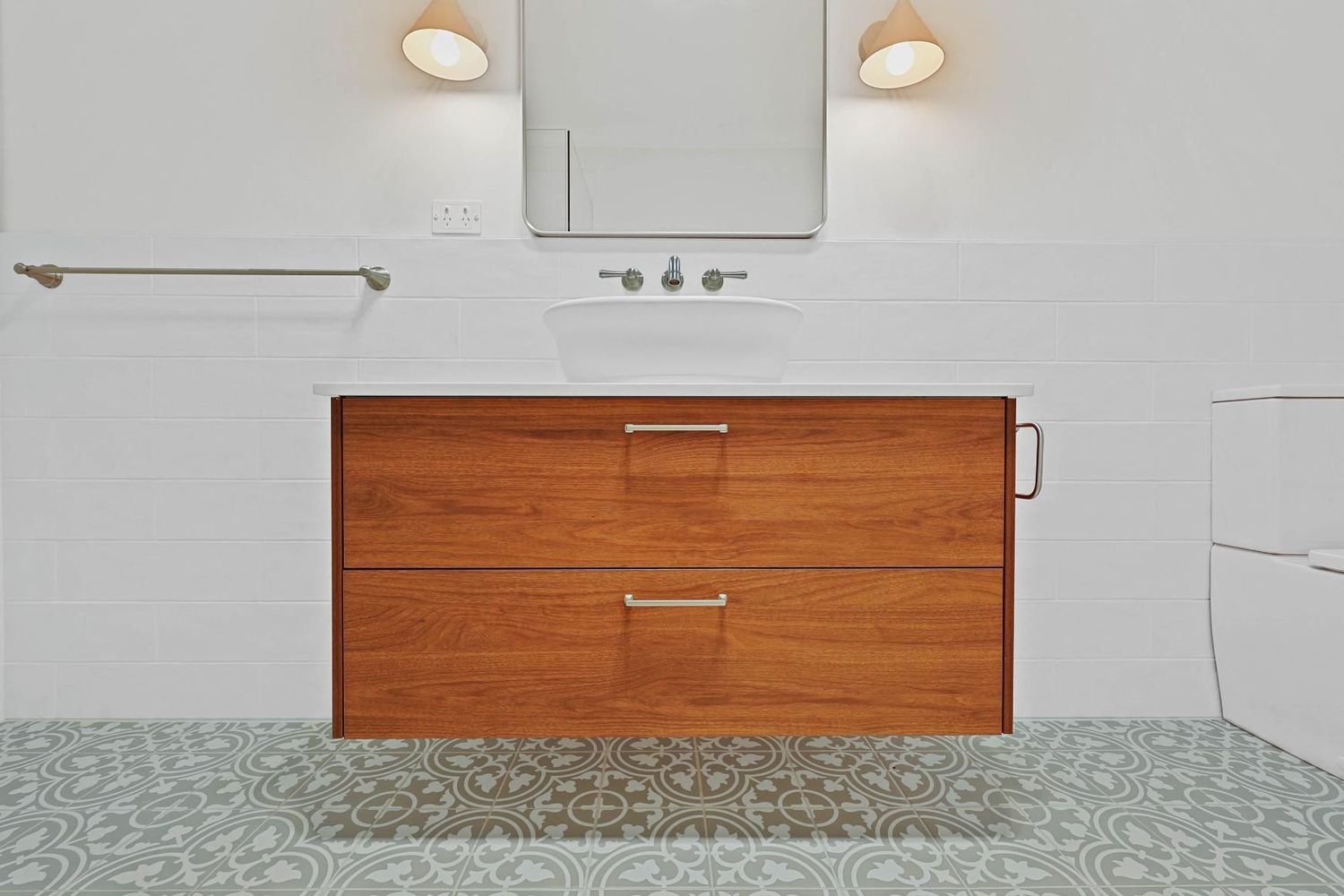 Bathroom Vanity With Wooden Cabinet — Above & Beyond Interiors in Smeaton Grange, NSW