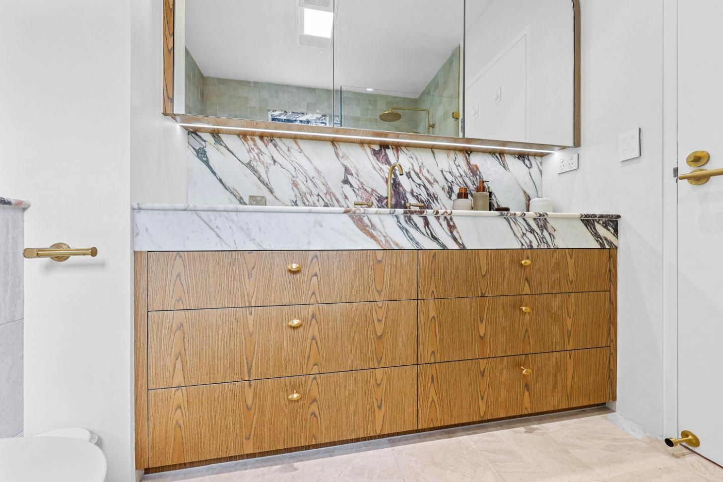 Modern Bathroom Vanity With Wood Drawers, Marble Countertop — Above & Beyond Interiors in Smeaton Grange, NSW